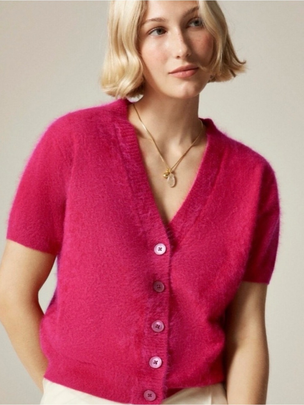NWOT J.Crew Brushed Cashmere Short-Sleeve V-Neck Button Cardigan - Hot Pink